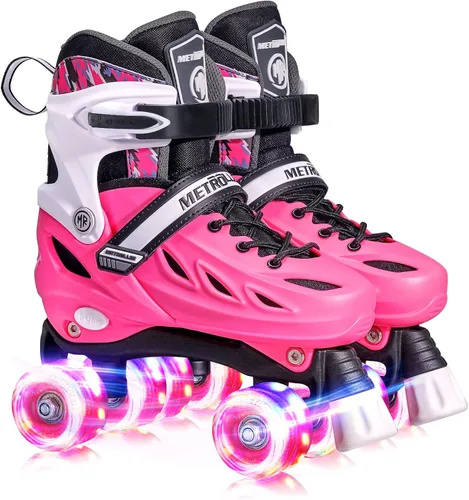 METROLLER Patines de ruedas para niñas de 5 a 8 a 12 años y niños y adolescentes, 4 tamaños ajustables para niños pequeños con ruedas iluminadas,