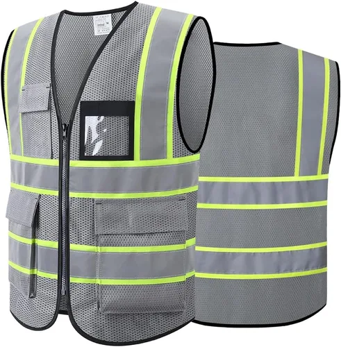 Miniatura 15 de Chaleco de seguridad reflectante de alta visibilidad para hombres y mujeres con bolsillos y cremallera frontal, cumple con los estándares ANSI/ISEA