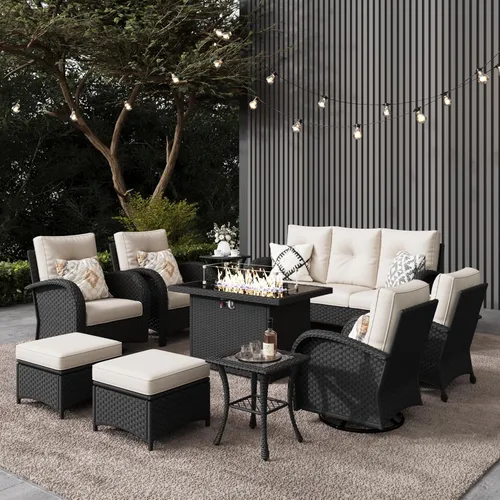 Miniatura 20 de LayinSun - Juego de 10 piezas de muebles seccionales de patio para el aire libre con mesa para fogata, juegos de sillas giratorias reclinables