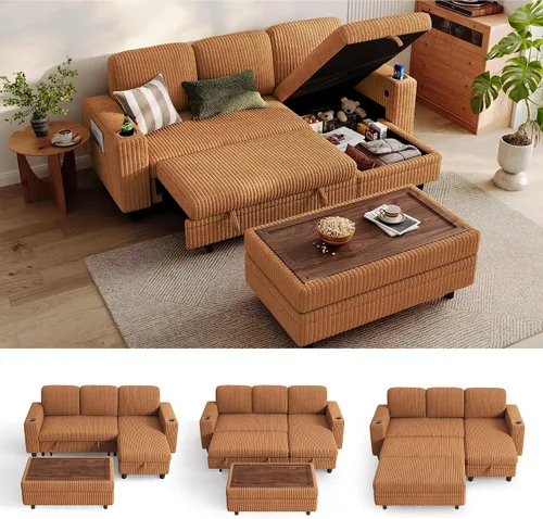 Miniatura 24 de LINSY HOME - Sofá cama extraíble modular con sección para dormir, con almacenamiento, sofá seccional de pana mullida para sala de estar, sofá cama