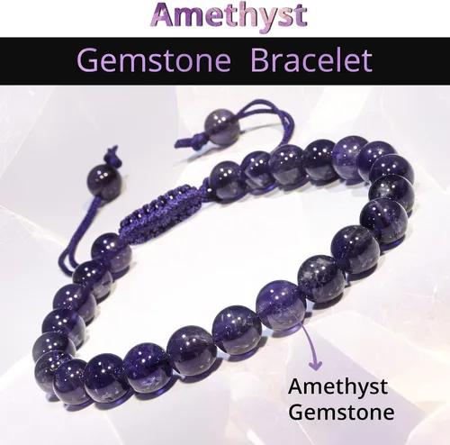 Miniatura 66 de Adjustable Crystal Bracelet – Gemstone Bead Bracelet with Adjustable Macrame String – Chic Gemstone Bracelet for Men and Women – 8mm Round Healing