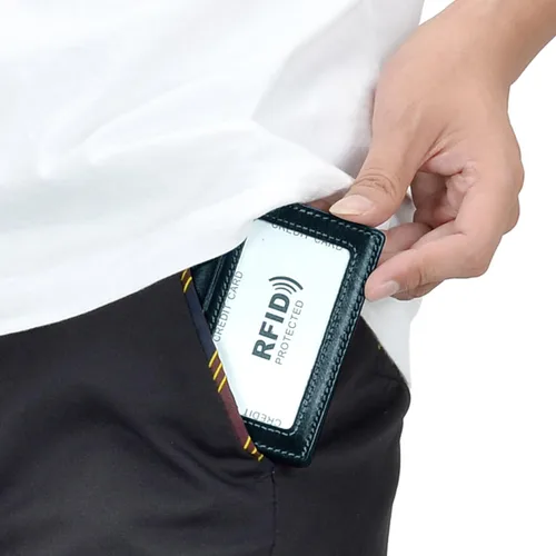 Miniatura 3 de Billetera de bolsillo frontal plegable para hombre, de piel auténtica, con bloqueo RFID, tarjetero