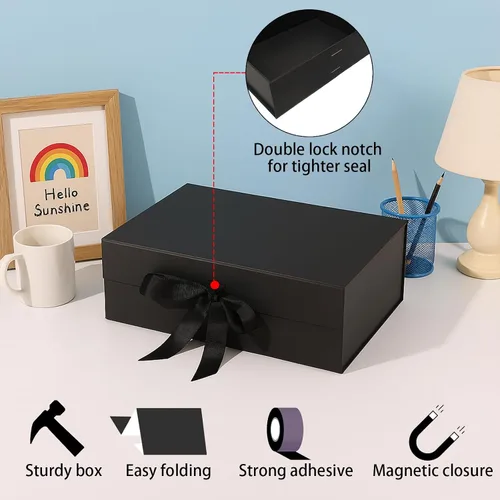Miniatura 3 de Caja de regalo mediana negra con tapa, cinta, bolsa de regalo y tarjeta de felicitación, 9.4 x 7 x 3 pulgadas, cierre magnético, ideal
