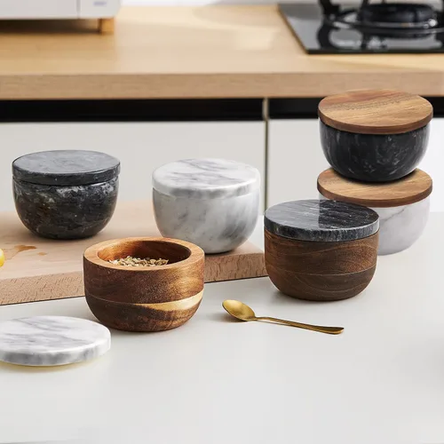 Miniatura 6 de jalz jalz Salero Grande de Madera de Acacia con Tapa de Mármol - Caja de Sal Pesada de 10oz con Cuchara - Contenedor de Especias de Madera Maciza