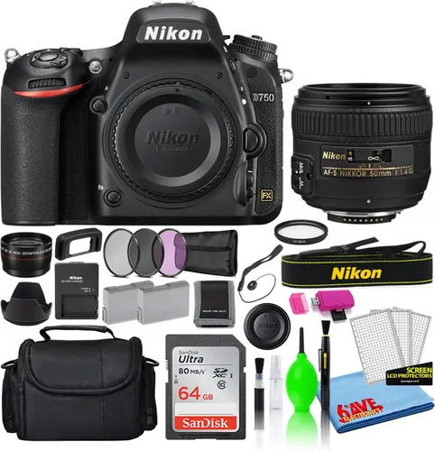 Nikon D750 - Cámara digital DSLR de 24.3 MP con lente AF-S de 1.969 in f/1.4G (1543) Paquete Deluxe con tarjeta SD de 64 GB + bolsa grande para