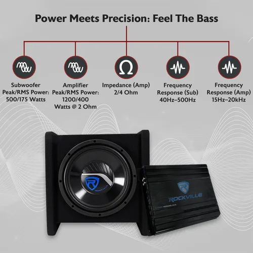 Miniatura 2 de Rockville RV10.1D - Caja de subwoofer para automóvil cargada de 500 W de 10 pulgadas con amplificador mono y kit de amplificador, graves de alto
