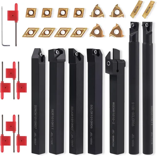 Juego de herramientas de torneado para torno indexables 3/8" 10mm vástago 21 piezas - 7 piezas de soportes para torno de metal 14 piezas de insertos