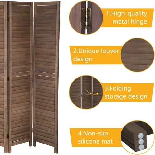 Miniatura 4 de Divisor de habitación plegable de 3 paneles de 69 pulgadas de alto, pantallas de privacidad portátiles de madera maciza independiente para Marrón