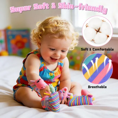 Miniatura 4 de Calcetines con Sonajero de Muñeca y Buscador de Pies para Niñas Bebé, Juguetes Sensoriales de Unicornio Rosa Esenciales para Recién Nacidos de 0 a