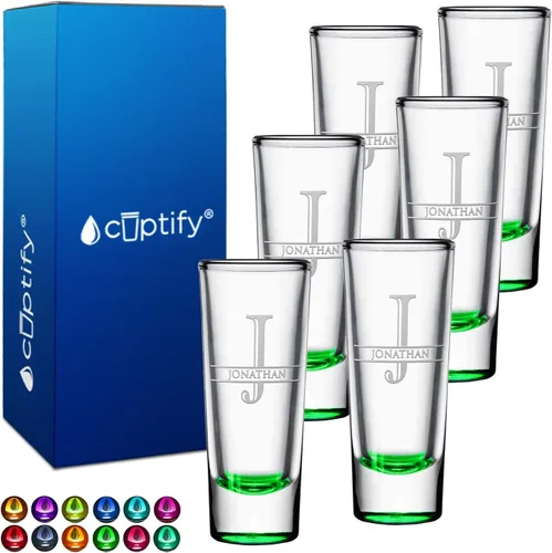 Miniatura 19 de Vaso de chupito personalizado con fondo verde azulado personalizado de 2 oz, vasos de chupito cordial con inicial en script dividido y nombre