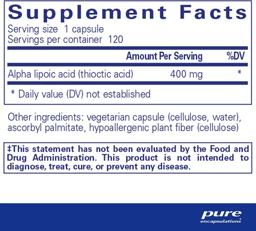 Miniatura 2 de Pure Encapsulations Ácido alfa lipoico 400 mg Suplemento ALA para apoyo hepático, antioxidantes, salud nerviosa y cardiovascular, radicales libres