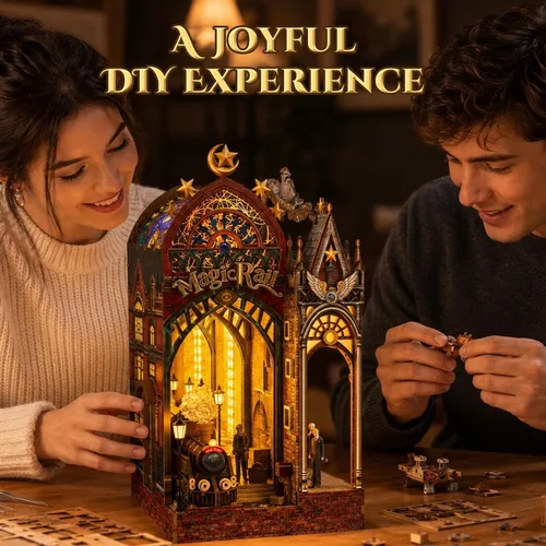 Miniatura 2 de Rompecabezas de madera 3D, kit de rincón de libro, estación de tren mágico con luces LED y música, kits de rompecabezas de madera en miniatura