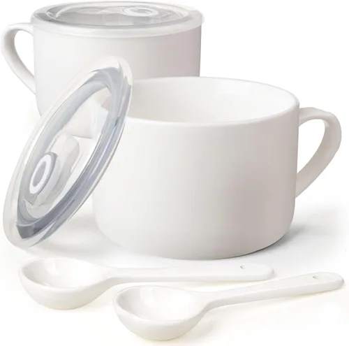 Miniatura 13 de Tazones de sopa con asas y cucharas, cuenco de cerámica para ramen de 30 onzas con tapa, tazas grandes para fideos instantáneos, cuencos grandes