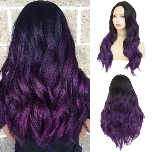 Miniatura 8 de Tseses Pelucas largas y onduladas de color azul degradado para mujer, pelucas de cabello sintético con raíces oscuras, cosplay, fiesta de Halloween
