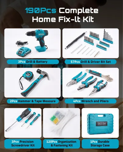 Miniatura 10 de Seesii - Kit de herramientas con taladro inalámbrico de 21V - Juego de herramientas eléctricas de 190 piezas, kit de herramientas manuales con caja