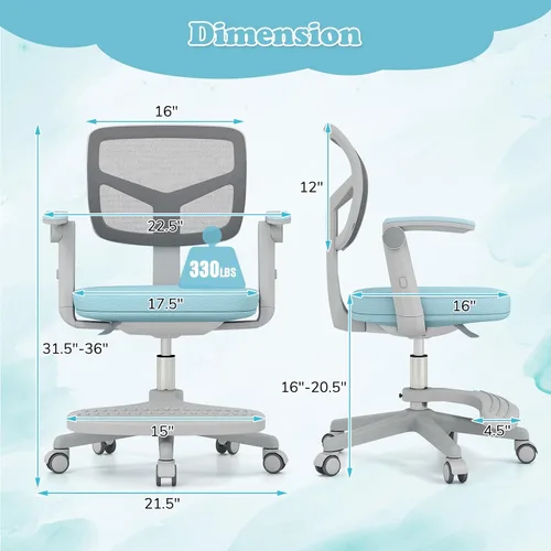 Miniatura 3 de Giantex Silla de escritorio para niños, silla rodante ergonómica ajustable con reposapiés y apoyabrazos abatibles, silla de oficina para niños