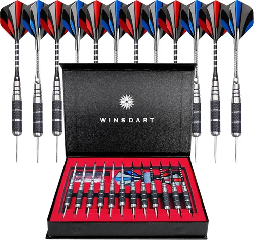 WINSDART Steel Tip Darts 12 Pack Set with Nonslip Iron Barrel Aluminum Dart Shafts and Flights Darts Sharpener an Gift Box DARTS-B
