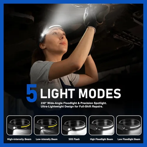 Miniatura 8 de Nessciera Linterna frontal recargable (paquete de 2), linterna de cabeza LED, luz de diadema de haz ancho de 230°, 400 lúmenes súper brillante, Negro