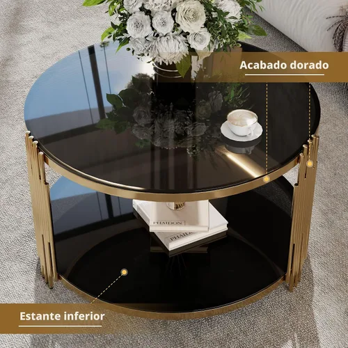 Miniatura 5 de Merax Mesa de centro con espejo, metal asimétrico, base de tambor de metal circular, estante inferior con acabado dorado moderno, negro