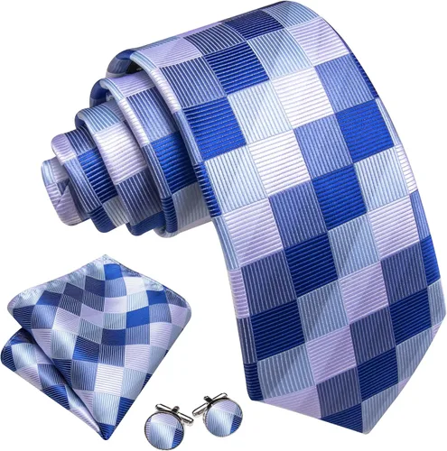 Miniatura 160 de Barry.Wang Juego de corbatas a cuadros para hombre con pañuelo gemelos de rayas clásicas