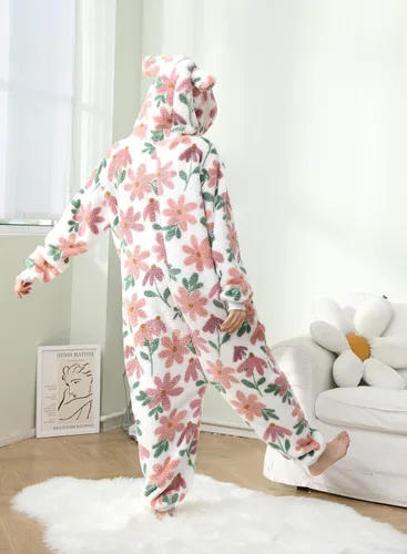 Miniatura 3 de Focupaja Pijama mullido con capucha para mujer, con cremallera, forro polar cálido, estampado de una pieza, ropa de dormir de invierno para Navidad