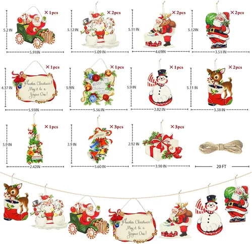 Miniatura 2 de pinkblume 19 adornos para árbol de Navidad, vintage, Papá Noel, Feliz Navidad, saludos, letrero de alegría, caja de regalo de Navidad, reno de Papá