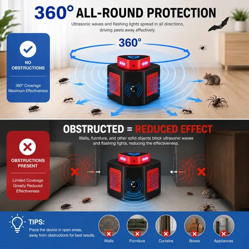 Miniatura 4 de Tirgo Repelente de ratones, enchufe ultrasónico, repelente de plagas ultrasónico para interiores con 4 modos y luz intermitente, bloqueador Rojo