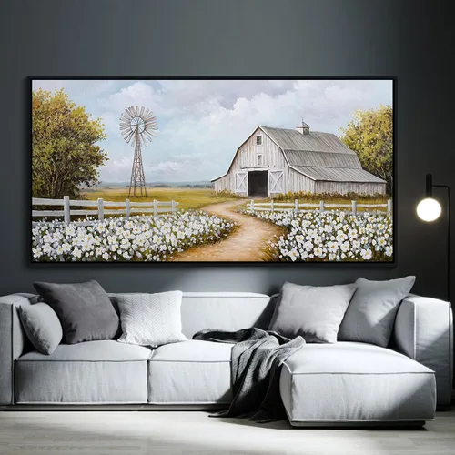 Miniatura 7 de YCPRIMER Gran Arte de Pared de Paisaje para Sala de Estar, Lienzo de Decoración de Pared con Flores, Arte de Decoración en Azul y Morado, Cuadro