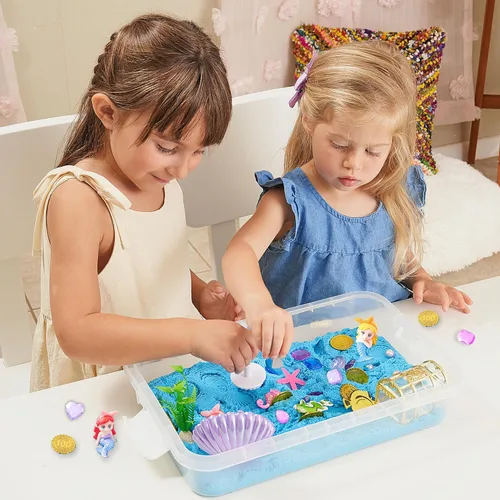 Miniatura 5 de 38 cubos sensoriales de sirena con arena mágica de 2 libras, moldes de océano y accesorios del tesoro, regalo creativo de juego de arena para niñas