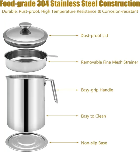Miniatura 2 de Contenedor de grasa de tocino con colador, colador de grasa de 1.3 L y recipiente con tapa a prueba de polvo, almacenamiento de filtro de aceite