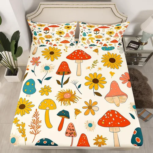 Miniatura 17 de Juego de sábanas ajustadas estilo 70s hippie retro para cama individual, juego vintage de otoño con hojas florales para niños y niños, juego de ropa