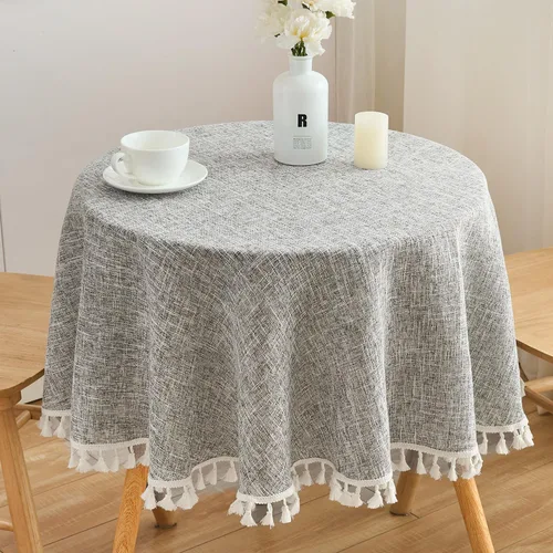 Miniatura 10 de Mantel redondo de algodón con aspecto de lino de 48 pulgadas/48.0 in resistente al agua, borde de borla, cubierta suave de color sólido para cocina