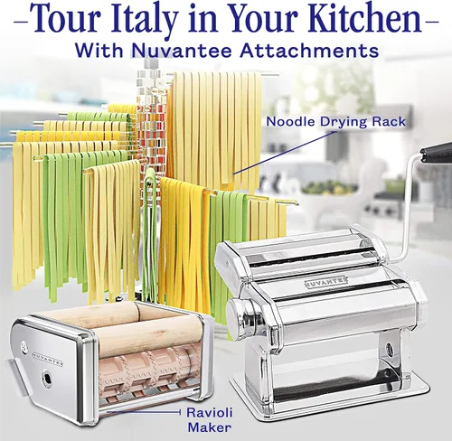 Miniatura 9 de Nuvantee Máquina para hacer pasta con 7 ajustes de grosor ajustables, 2 en 1 para hacer fideos con rodillos y cortador, hacer espaguetis, Plateado