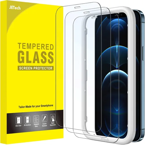 JETech Protector de pantalla de cobertura completa para iPhone 12 Pro Max de 6.7 pulgadas, película de vidrio templado con herramienta de fácil