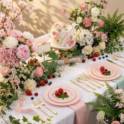 Miniatura 7 de FLOWERCAT 60 platos de plástico rosa, platos rosados resistentes desechables para fiestas de primavera y día de la madre/boda, para 30 invitados