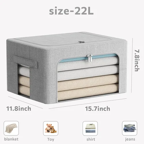 Miniatura 4 de FHSQX Paquete de 2 contenedores de almacenamiento de ropa apilables, caja de almacenamiento con marco de metal, organizador plegable de tela de lino