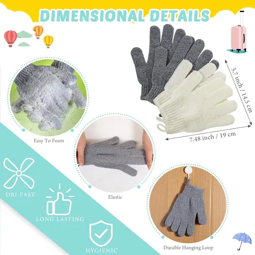 Miniatura 3 de Juego de 4 paños exfoliantes para la espalda, 2 toallas exfoliantes de nailon para la espalda, 2 pares de guantes de ducha para mujeres y hombres