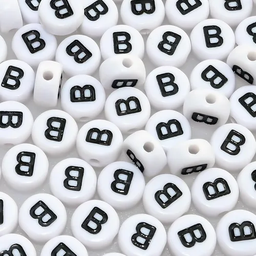 Amaney - Cuentas de letras B 100 piezas 0.27 x 0.15 pulgadas cuentas acrílicas redondas blancas del alfabeto negro para hacer joyas de pulsera