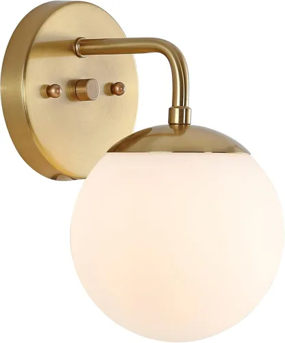 JONATHAN Y Lámpara de pared moderna con diseño de globo dorado de 5.75 pulgadas para baño, pantalla de vidrio esmerilado blanco, lámpara de pared de