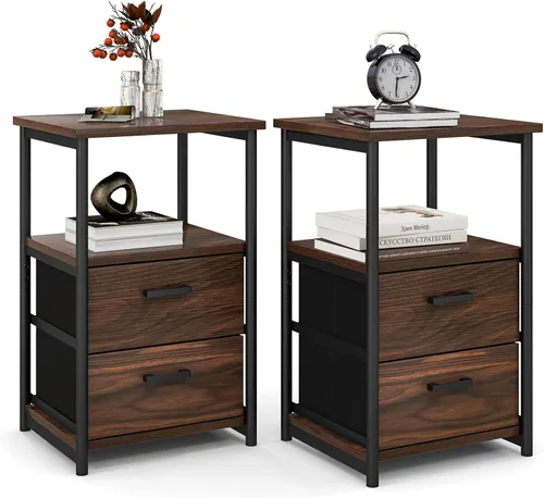 Tangkula Mesita de noche, mesa auxiliar de sofá con estante abierto y 2 cajones, mesa de noche con marco de metal, cómoda de madera con 2 cajones,