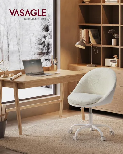 Miniatura 3 de VASAGLE Silla de tocador con respaldo, silla de escritorio giratoria ajustable y linda con ruedas, sherpa y cuero PU para soporte lumbar, compacta