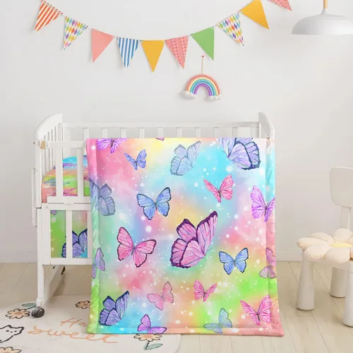 Juego de ropa de cama para cuna de 3 piezas, edredón de guardería con estampado de mariposas en acuarela, sábana y falda para bebés niños y niñas