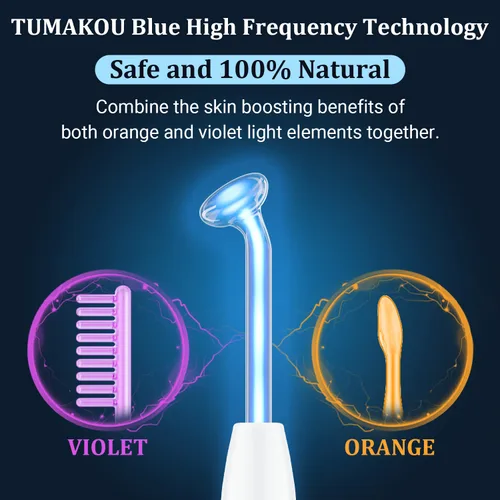 Miniatura 2 de TUMAKOU - Varita facial de alta frecuencia, portátil de mano azul de alta frecuencia, 4 tubos de vidrio azul diferentes para la piel