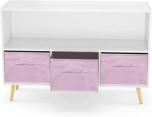 Miniatura 4 de Estantería para niños, organizador de almacenamiento de juguetes, estantería para niños con 3 cajones de tela plegables y patas de madera, Rosado