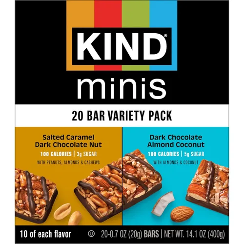 Miniatura 5 de KIND Bar Minis, caramelo salado con nueces de chocolate negro y chocolate negro almendra, paquete variado, sin gluten, 100 calorías, bajo en azúcar