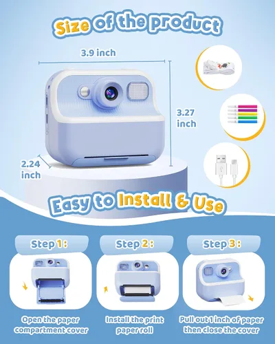 Miniatura 8 de Cámara Instantánea, Cámara de Selfie Dual Frontal Trasera para Niños con Videos de 1080P, Regalos de Cumpleaños y Vacaciones para Niños de 3 a 12