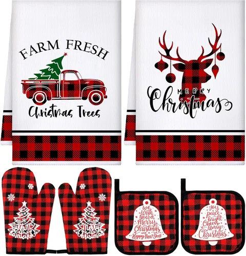 Bencailor Juego de 6 piezas de cocina de árbol de Navidad, toallas de cocina, guantes de horno y soportes para ollas, resistentes al calor, guantes