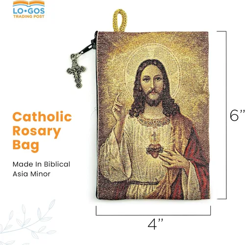 Miniatura 3 de Bolsa de rosario católico, Sagrado Corazón de Jesús y Corazón Inmaculado de María, 4 x 6 pulgadas, joyería y monedero con cruz, pequeña bolsa tejida