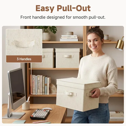 Miniatura 3 de StorageWorks Contenedores de almacenamiento de tela con tapa, cajas de almacenamiento decorativas para estantes, cesta organizadora de armario Beige