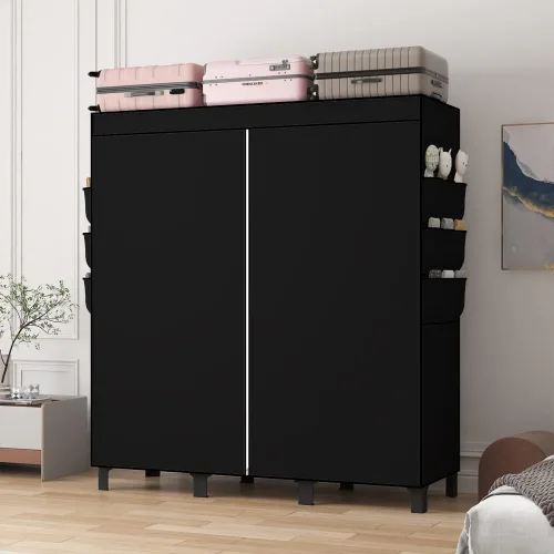 Miniatura 6 de Armario portátil, caja de almacenamiento de ropa, armario simple para colgar ropa, múltiples estantes y 3 barras, 6 bolsillos laterales (negro)